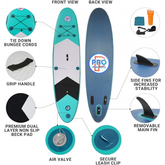 Promarine Inflatable Stand Up Paddle Board Premium SUP Accessories & Backpack, Non-Slip Paddle Board, Leash, Paddle, Waterproof Backpack,Kayak Seat, Hand Pump, and Repair kit 120 Long 28 Wide 4 Thick