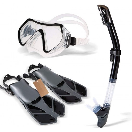 HRXS Snorkeling Suits, Goggles and Flippers Adult Snorkeling mask, All Dry Breathing Tube Diving Equipment Snorkeling Three-Piece,Black,S/M