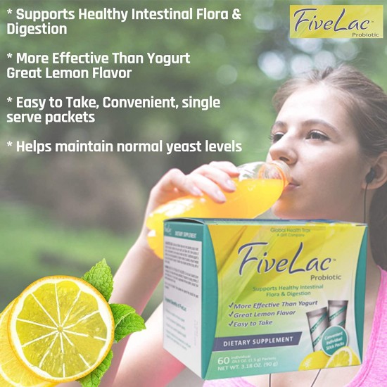 FiveLac Probiotic Lemon Flavor Dietary Supplement (4 Box) 60 Packets by GHT Support Your Daily Health and Wellness Needs