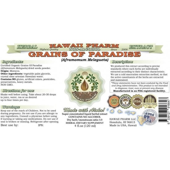 Grains of Paradise Alcohol-Free Liquid Extract, Grains of Paradise (Aframomum Melegueta) Seed Glycerite Hawaii Pharm Natural Herbal Supplement 64 oz