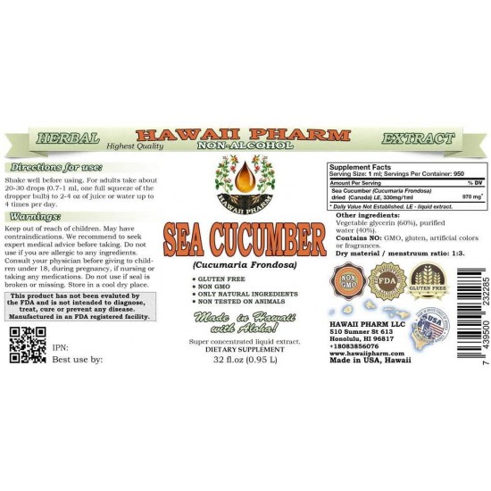 Sea Cucumber Alcohol-Free Liquid Extract, Sea Cucumber (Cucumaria Frondosa) Glycerite Natural Herbal Supplement, Hawaii Pharm, USA 2x32 fl.oz