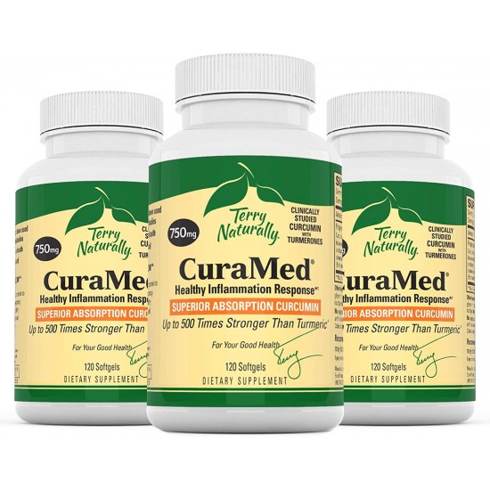 Terry Naturally CuraMed 750 mg (3 Pack) - 120 Softgels - Superior Absorption BCM-95 Curcumin Supplement, Promotes Healthy Inflammation Response - Non-GMO, Gluten-Free, Halal - 360 Total Servings