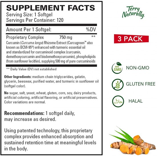 Terry Naturally CuraMed 750 mg (3 Pack) - 120 Softgels - Superior Absorption BCM-95 Curcumin Supplement, Promotes Healthy Inflammation Response - Non-GMO, Gluten-Free, Halal - 360 Total Servings