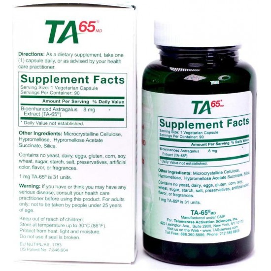 T.A. Sciences | TA-65 Supplement | 1x90 Capsules | 250 U | Free Extra Strength Hair & Beard Growth Complex