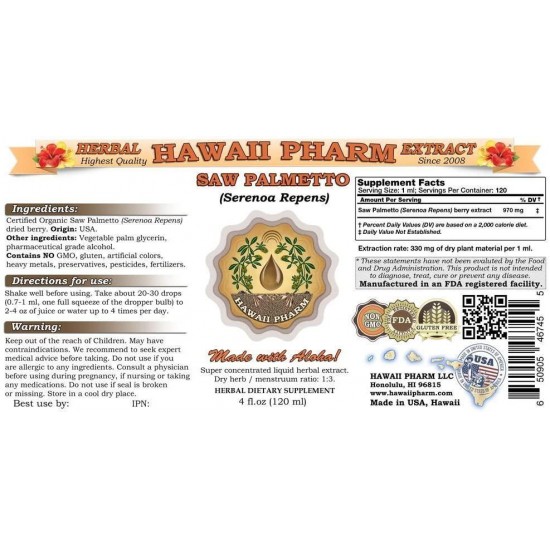 Saw Palmetto Liquid Extract, Organic Saw Palmetto (Serenoa Repens) Tincture, Herbal Supplement, Hawaii Pharm, Made in USA, 2x32 fl.oz