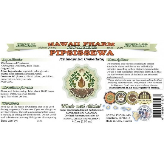 Pipsissewa Alcohol-Free Liquid Extract, Pipsissewa (Chimaphila umbellata) Dried Leaf Glycerite Natural Herbal Supplement, Hawaii Pharm, USA 64 fl.oz