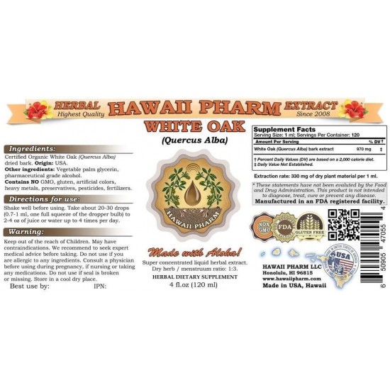 White Oak Liquid Extract, Organic White Oak (Quercus Alba) Tincture, Herbal Supplement, Hawaii Pharm, Made in USA, 15x4 fl.oz