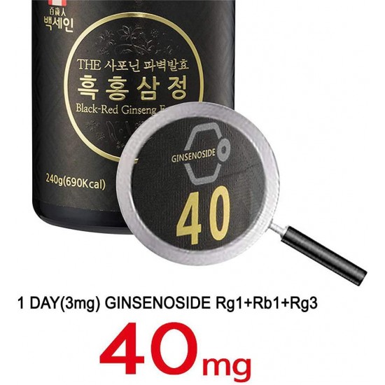 Baeksein Korean Black-Red Ginseng Whole Nutrition Exract 240g, 1-Day Ginsenoside 40 mg, Nutraceutical Whole Food, For Extra Strength, Boosts Energy and Stamina, Relieving Fatigue, Supports Memory