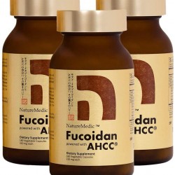 NatureMedic Fucoidan Powered with AHCC Brown Seaweed Immunity Supplement with High Purity Organic Mekabu Mozuku Agaricus 3 Bottles + Free 2 Bags of 12 Capsules - 504 Vegetable Capsules Made in Japan