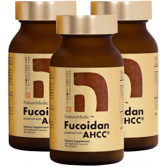 NatureMedic Fucoidan Powered with AHCC Brown Seaweed Immunity Supplement with High Purity Organic Mekabu Mozuku Agaricus 3 Bottles + Free 2 Bags of 12 Capsules - 504 Vegetable Capsules Made in Japan