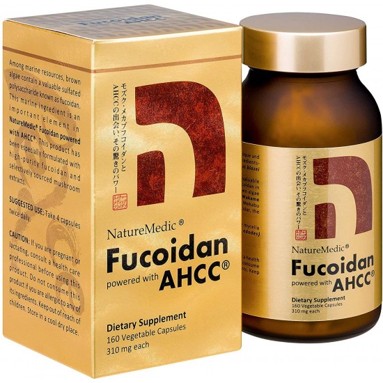 NatureMedic Fucoidan Powered with AHCC Brown Seaweed Immunity Supplement with High Purity Organic Mekabu Mozuku Agaricus 3 Bottles + Free 2 Bags of 12 Capsules - 504 Vegetable Capsules Made in Japan