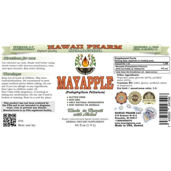 Mayapple Alcohol-Free Liquid Extract, Organic Mayapple (Podophyllum peltatum) Dried Root Glycerite Natural Herbal Supplement, Hawaii Pharm, USA 64 oz