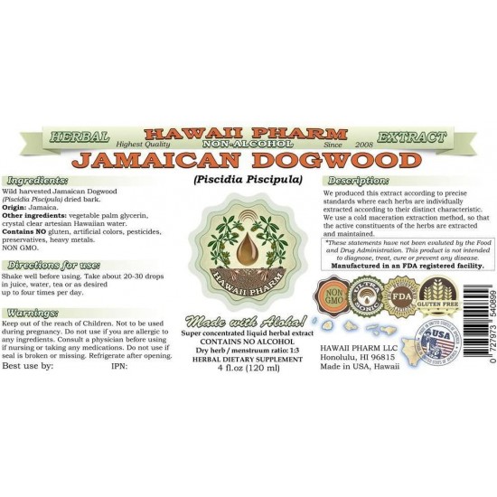 Jamaican Dogwood Alcohol-Free Liquid Extract, Jamaican Dogwood (Piscidia Piscipula) Dried Bark Glycerite Hawaii Pharm Natural Herbal Supplement 64 oz