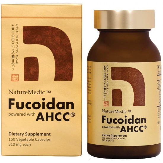 NatureMedic Fucoidan powered with AHCC Brown Seaweed Immunity Supplement with High Purity Organic Mekabu Mozuku Agaricus 160 Vegetable Capsules Made in Japan (1 Bottle)