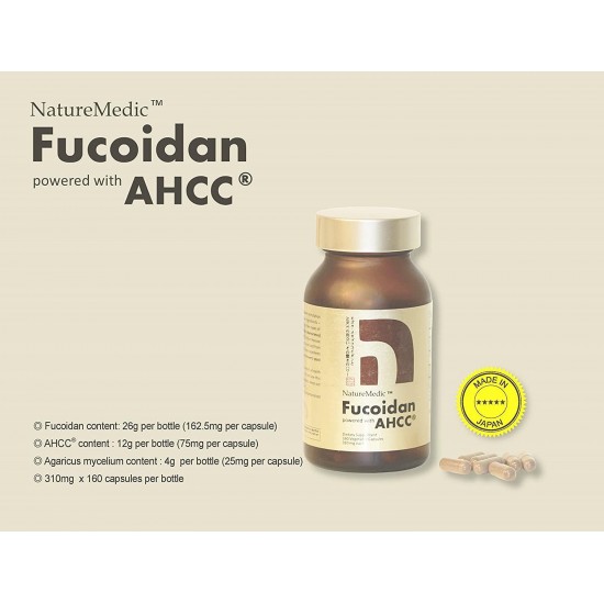 NatureMedic Fucoidan Powered with AHCC Brown Seaweed Immunity Supplement with High Purity Organic Mekabu Mozuku Agaricus 3 Bottles + Free 2 Bags of 12 Capsules - 504 Vegetable Capsules Made in Japan