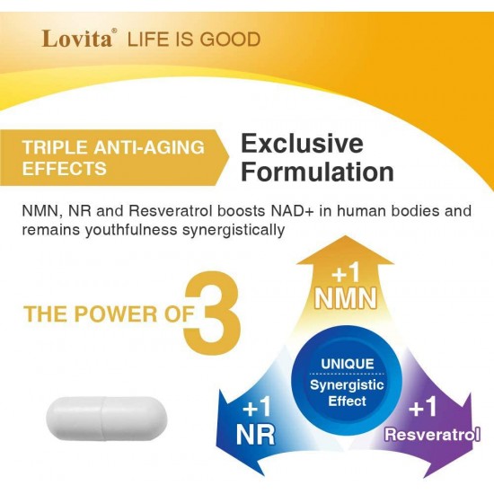 Lovita NMN 18000, 600mg Per Serving (Nicotinamide Mononucleotide), with NR (Nicotinamide Riboside) and Resveratrol, 99% Purity, Boost NAD+ Levels, Anti Aging, 60 Vegetarian Enteric Coated Capsules