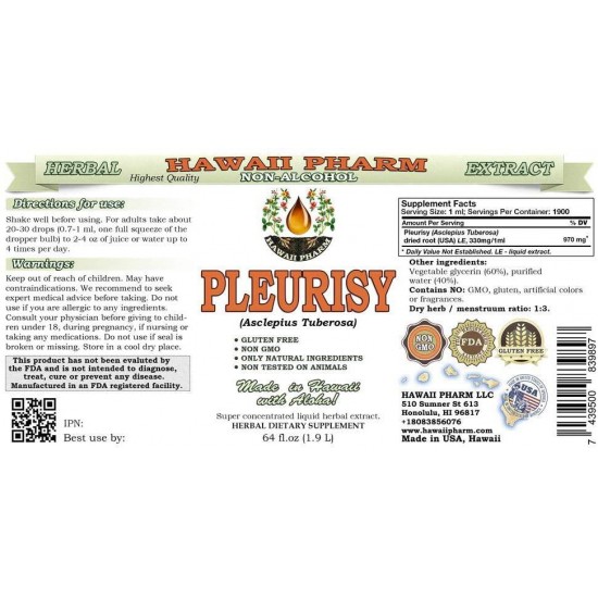 Pleurisy Root Alcohol-Free Liquid Extract, Pleurisy Root (Asclepius tuberosa) Dried Root Glycerite Natural Herbal Supplement, Hawaii Pharm, USA 64 fl.oz