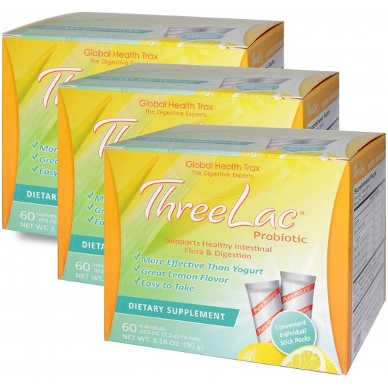 Global Health Trax ThreeLac Probiotic, Lemon Flavor Dietary Supplement (3 Pack) 60 Packets Supports intestinal and Digestive Health