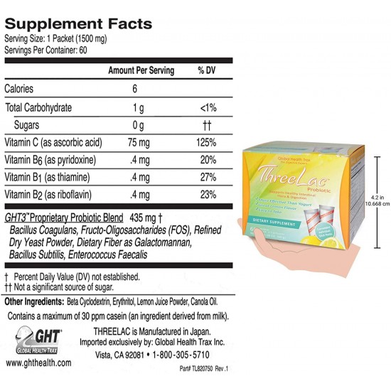 Global Health Trax ThreeLac Probiotic, Lemon Flavor Dietary Supplement (3 Pack) 60 Packets Supports intestinal and Digestive Health