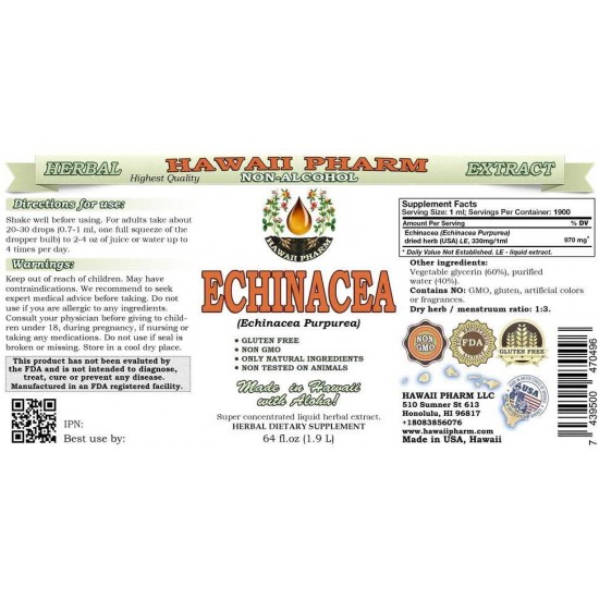 Echinacea Alcohol-Free Liquid Extract, Organic Echinacea (Echinacea Purpurea) Dried Herb Glycerite Hawaii Pharm Natural Herbal Supplement 64 oz