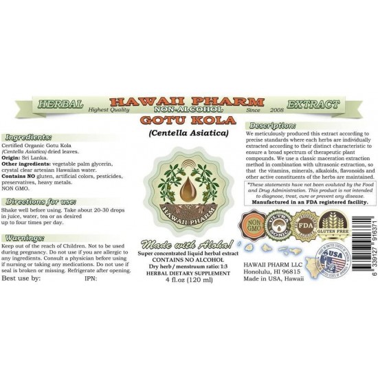 Gotu Kola Alcohol-Free Liquid Extract, Organic Gotu Kola (Centella Asiatica) Dried Leaf Glycerite Hawaii Pharm Natural Herbal Supplement 64 oz