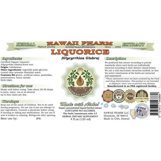 Liquorice Alcohol-Free Liquid Extract, Organic Liquorice (Glycyrrhiza Glabra) Dried Root Glycerite Hawaii Pharm Natural Herbal Supplement 64 oz