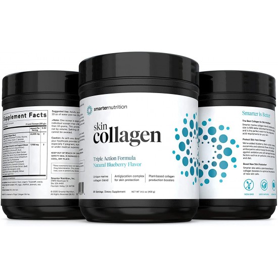 Smarter Skin Collagen - Triple Action Formula for Vibrant, Healthy Skin - Unique Marine Collagen Blend with Antioxidant Protection & Plant-Based Collagen Production Boosters (120 Servings)