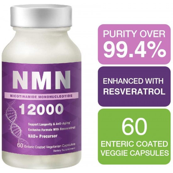 Lovita NMN 12000 (Nicotinamide Mononucleotide) with Resveratrol, 99% Purity, Anti Aging, 60 Vegetarian Enteric Coated Capsules