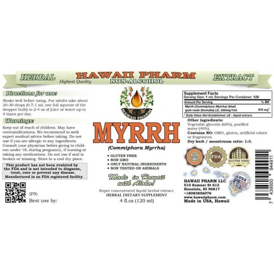 Myrrh Alcohol-Free Liquid Extract, Organic Myrrh (Commiphora myrrha) Gum Resin Glycerite Natural Herbal Supplement, Hawaii Pharm, USA 15x4 fl.oz