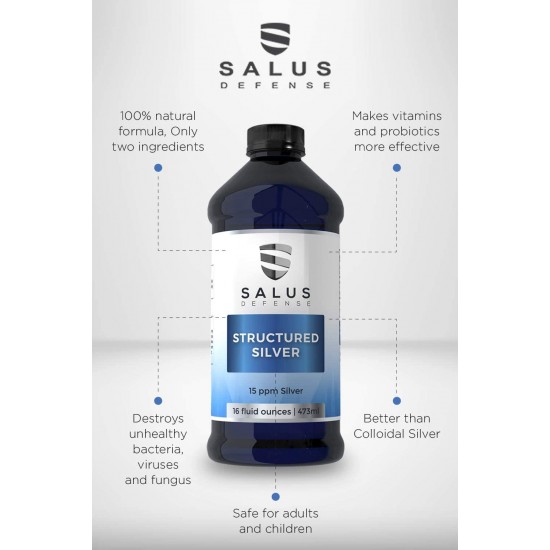 Salus Defense Structured Silver Liquid — Alkaline Water with 15ppm Structured Silver — All Natural and Safe with No Additives — 16 Ounce Bottle (6 Pack)