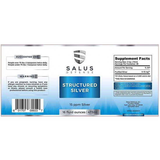 Salus Defense Structured Silver Liquid — Alkaline Water with 15ppm Structured Silver — All Natural and Safe with No Additives — 16 Ounce Bottle (6 Pack)