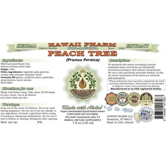 Peach Tree Alcohol-Free Liquid Extract, Peach Tree (Prunus persica) Dried Bark Glycerite Natural Herbal Supplement, Hawaii Pharm, USA 64 fl.oz