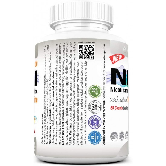 Vita-Age NMN Lab Tested 320mg Serving with 8mg Astaxanthin (Highest Purity Nicotinamide Mononucleotide) Boost NAD+ Support Metabolism (160mg Per Cap, 3 x NMN 60 Capsules) Dual Ingredients