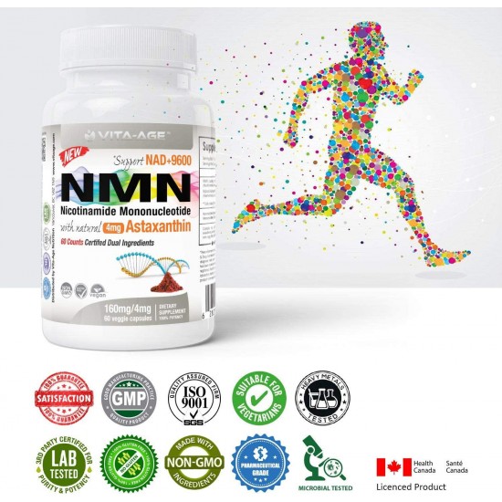 Vita-Age NMN Lab Tested 320mg Serving with 8mg Astaxanthin (Highest Purity Nicotinamide Mononucleotide) Boost NAD+ Support Metabolism (160mg Per Cap, 3 x NMN 60 Capsules) Dual Ingredients