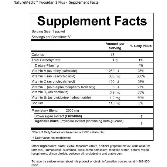 NatureMedic Fucoidan 3-Plus Brown Seaweed Immunity Supplement with Three Types of High Purity Fucoidan Organic Mekabu Fucus Mozuku Agaricus 50 Liquid Packets/Box Made in Japan (1 Box)