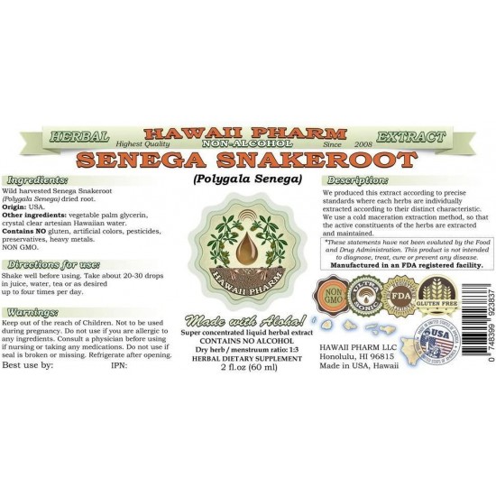 Senega Snakeroot Alcohol-Free Liquid Extract, Senega Snakeroot (Polygala Senega) Dried Root Glycerite Natural Herbal Supplement, Hawaii Pharm, USA 64 fl.oz