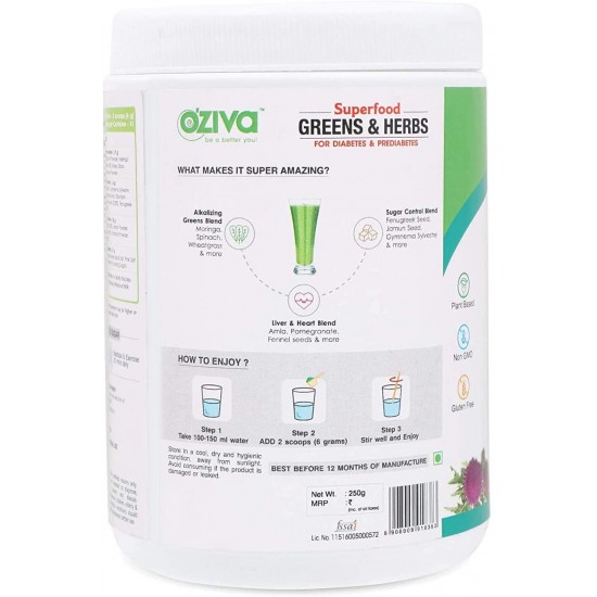 RR Group OZiva Superfood Greens & Herbs, for Diabetes & Prediabetes (with Gymnema, Fenugreek Seed, Milk Thistle, Jamun Seeds & More), 250g