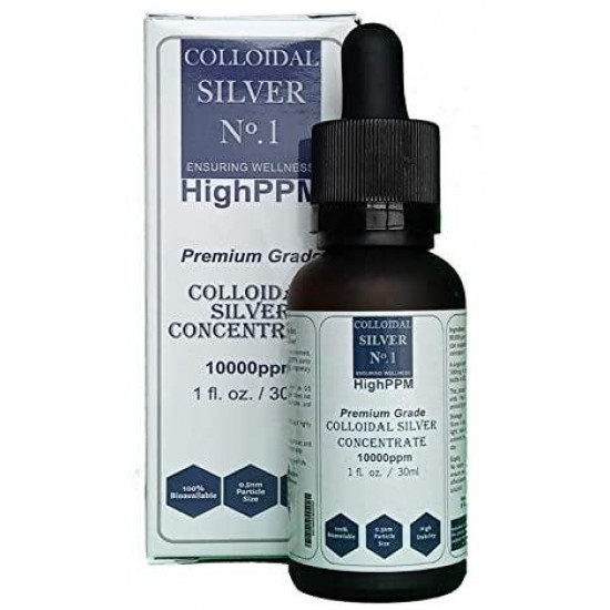 Colloidal Silver No.1 HighPPM | Premium Grade Nano Colloidal Silver Concentrate 10000ppm (1 fl. oz. / 30 ml) | Can Be Diluted to Make 8 Gallons of 10ppm Pure Nano Colloidal Silver