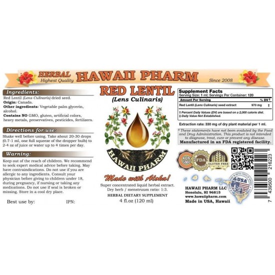 Red Lentil (Lens Culinaris) Tincture Dried Seed Liquid Extract, Red Lentil, Herbal Supplement 20x4 oz