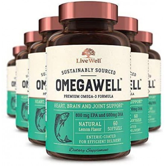 OmegaWell Fish Oil: Heart, Brain, and Joint Support | 800 mg EPA 600 mg DHA - Natural Lemon Flavor, Enteric-Coated, Sustainably Sourced - Easy to Swallow 180 Day Supply