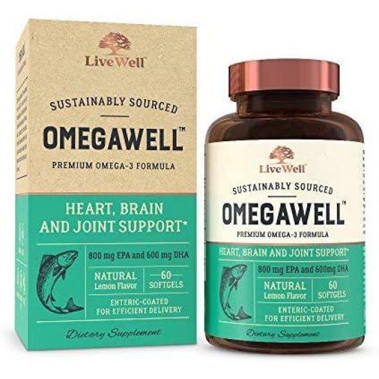 OmegaWell Fish Oil: Heart, Brain, and Joint Support | 800 mg EPA 600 mg DHA - Natural Lemon Flavor, Enteric-Coated, Sustainably Sourced - Easy to Swallow 180 Day Supply