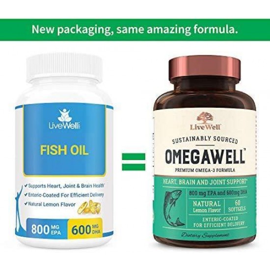 OmegaWell Fish Oil: Heart, Brain, and Joint Support | 800 mg EPA 600 mg DHA - Natural Lemon Flavor, Enteric-Coated, Sustainably Sourced - Easy to Swallow 180 Day Supply