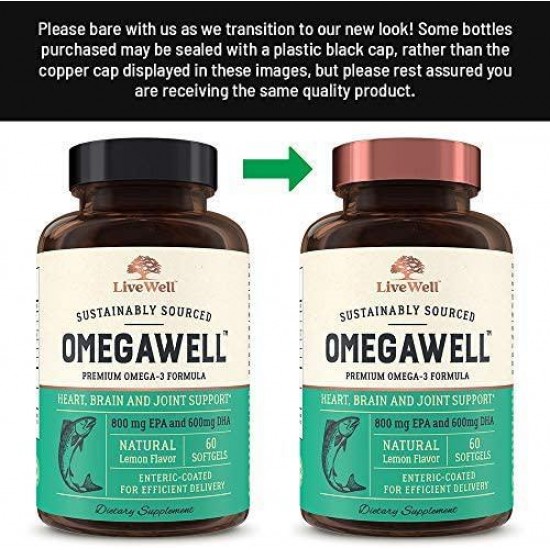 OmegaWell Fish Oil: Heart, Brain, and Joint Support | 800 mg EPA 600 mg DHA - Natural Lemon Flavor, Enteric-Coated, Sustainably Sourced - Easy to Swallow 180 Day Supply