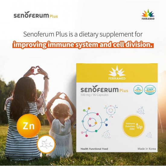 Senoferum Plus, Zinc, Dietary Supplement to Improve Immune System Supports Cell Division and Growth, Antioxidant, DNA Formation [500mg x 90 Capsules (45g)]