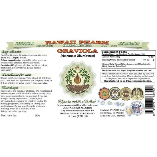 Graviola Alcohol-Free Liquid Extract, Graviola (Annona Muricata) Dried Leaf Glycerite Herbal Supplement 15x4 oz