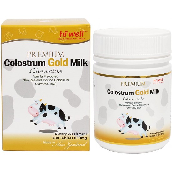 Hi Well Premium New Zealand Bovine Colostrum Gold Milk 200 Chewables Tablets Immunoglobulin G (Igg) 20~25% (Pack of 3)