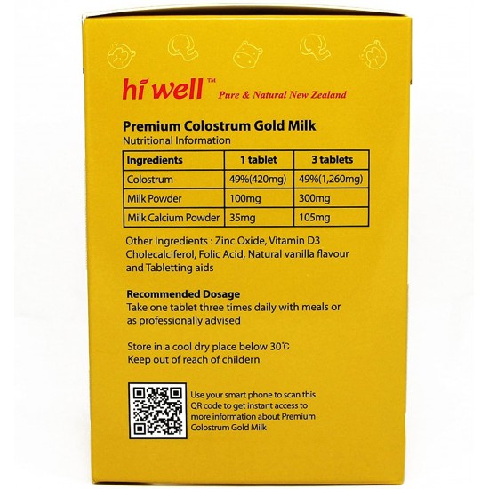 Hi Well Premium New Zealand Bovine Colostrum Gold Milk 200 Chewables Tablets Immunoglobulin G (Igg) 20~25% (Pack of 3)