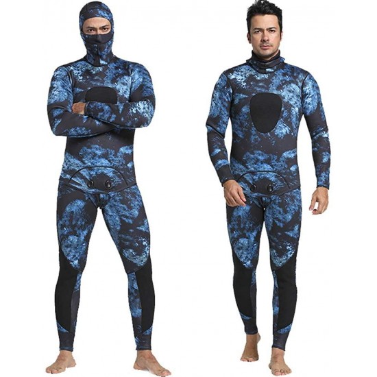 Nataly Osmann Men 5mm Neoprene 2-Pieces Camouflage Spearfishing Premium Wetsuit Long Sleeve Scuba Diving Suit Full Body Keep Warm Hooded Snorkeling Suits