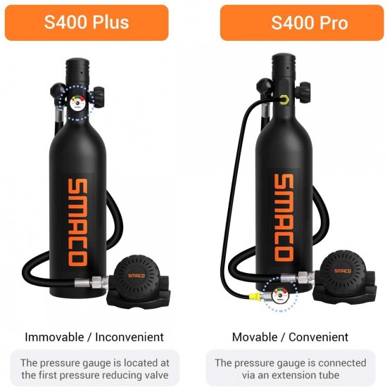 SMACO Scuba Tank Diving Gear for Diver Mini Scuba Tank Oxygen Cylinder with 15-20 Minutes Capability Diving Oxygen Underwater Breathing Device 1L Diving & Snorkeling Equipment S400 Pro