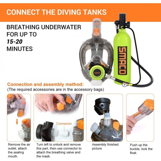 SMACO Scuba Tank & Snorkel Mask Diving Gear for Diver Mini Diving Tank Oxygen Cylinder with 15-20 Minutes Capability Diving Oxygen Underwater Breathing Device 1L S400 Pro